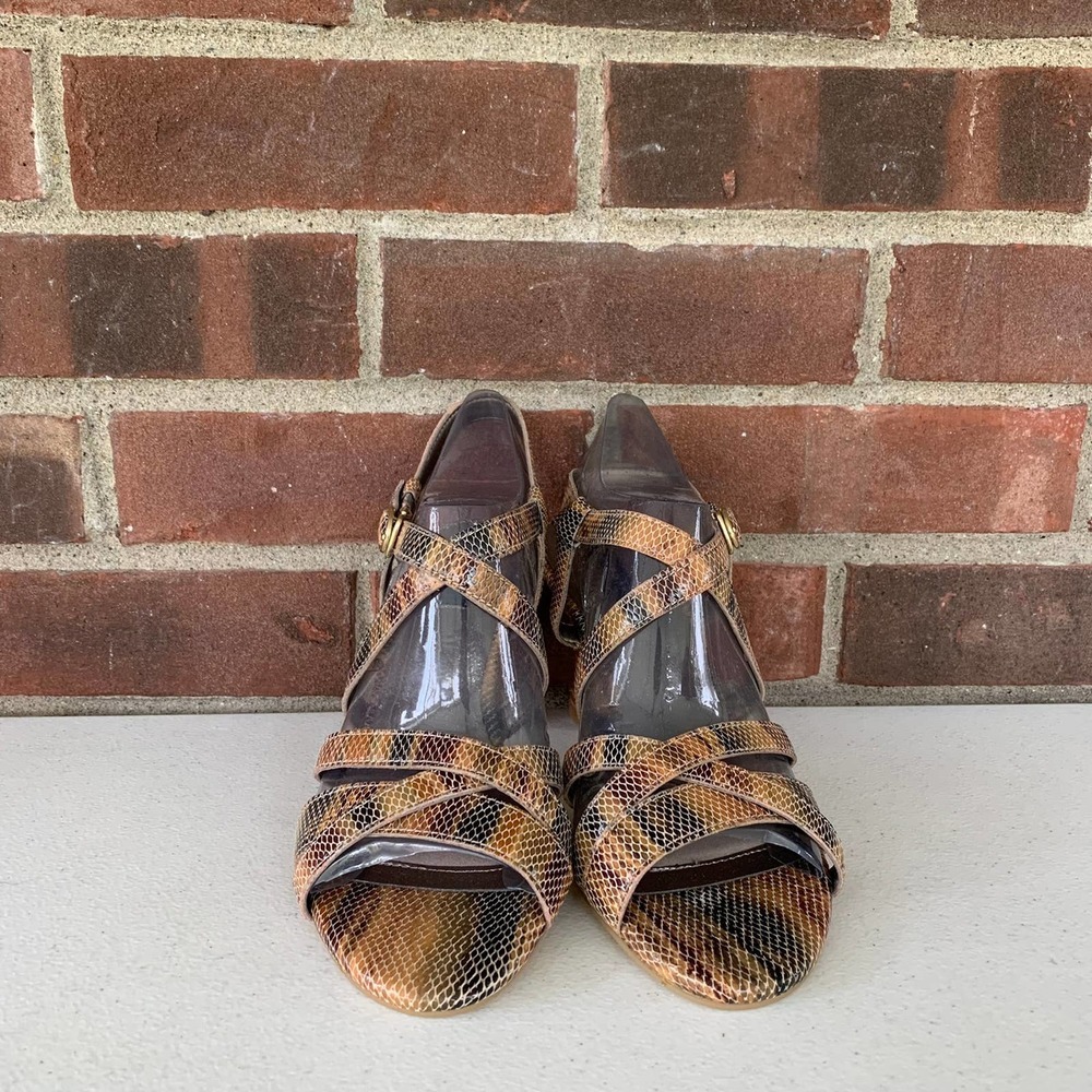 Array Brown Snake Leather Open Toe X-Strap Heeled… - image 3